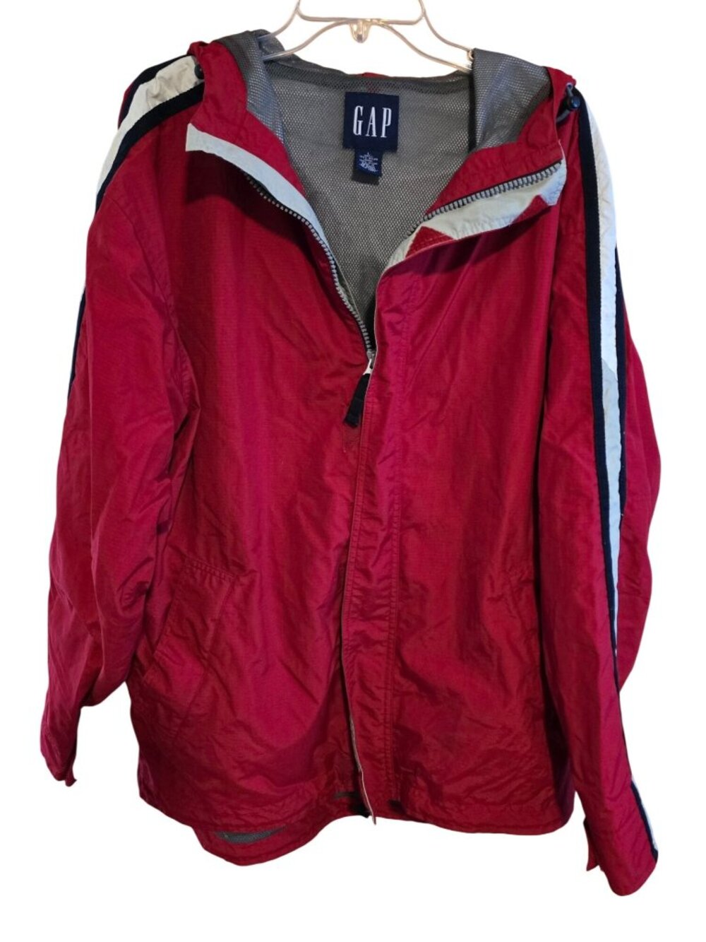 Vintage Gap Red Hooded Nylon Jacket With Striped Sleeves Full Zip Closure